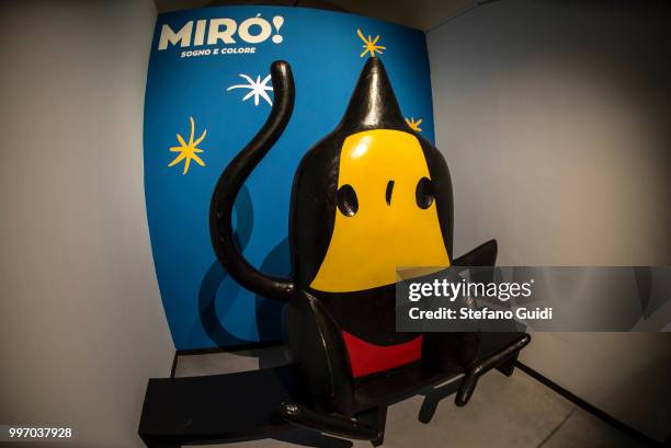 Advertising sculpture representing a work by the painter Joan Miro during on exhibition of famous painter Joan Mirò at the Palazzo Chiablese.