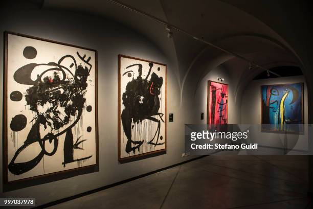 Paintings by the painter Joan Miro during on exhibition of famous painter Joan Mirò at the Palazzo Chiablese.