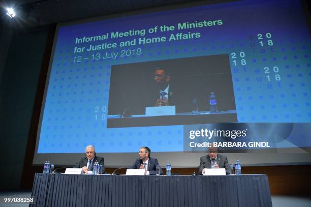 Migration Commissioner Dimitris Avramopoulos , German Interior Minister Horst Seehofer and Austrian Interior Minister Herbert Kickl give a pres...