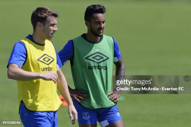 Seamus Coleman and Theo Walcott of Everton during the Everton training session on July 12, 2018 in Bad Mitterndorf, Austria.