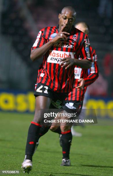 Nice's forward Nomwaya Habib Bamogo celebrates after scoring a goal, during their French L1 football match Nice versus Auxerre on January 17, 2009 at...