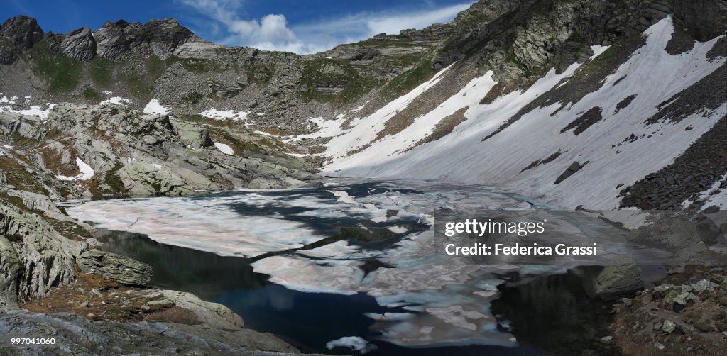 Panoramic of Partly Frozen Upper Paione Lake (Lago del Paione Superiore), Bognanco Valley
