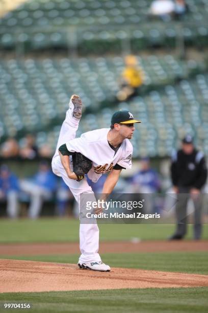 Dallas Braden of the Oakland Athletics pitching during the game against the Texas Rangers at the Oakland Coliseum on May 3, 2010 in Oakland,...