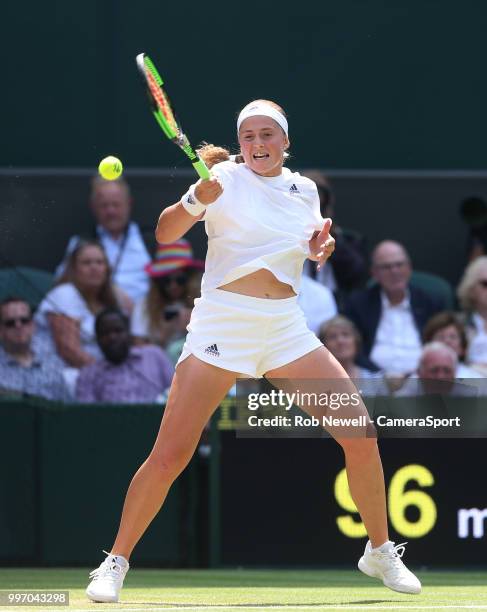 Jelena Ostapenko during her match against Angelique Kerber in their Ladies' Semi-Final match at All England Lawn Tennis and Croquet Club on July 12,...