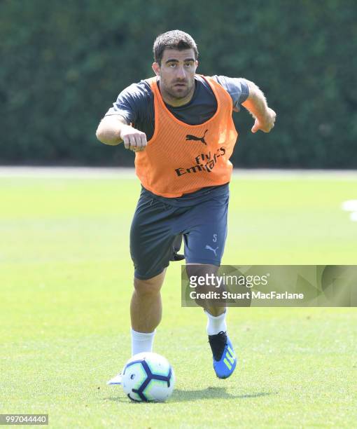 Sokratis of Arsenal during a training session at London Colney on July 12, 2018 in St Albans, England.