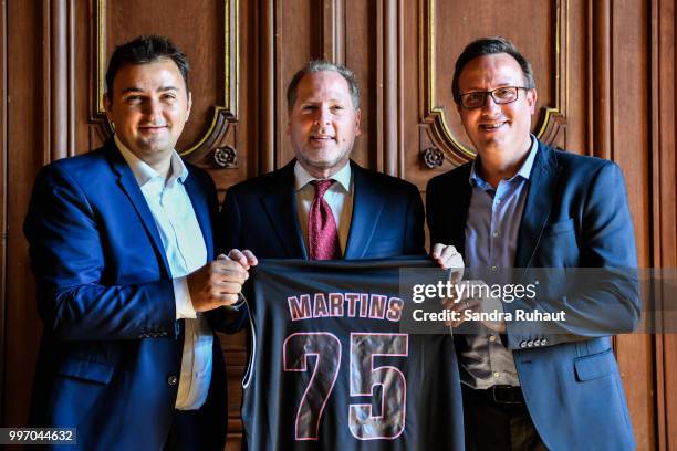 Jean Francois Martins, deputy mayor of Paris in charge of sport, David Kahn, CEO of Paris Basketball Investments and Romuald Coustre new general...