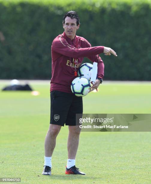 Arsenal Head Coach Unai Emery during a training session at London Colney on July 12, 2018 in St Albans, England.