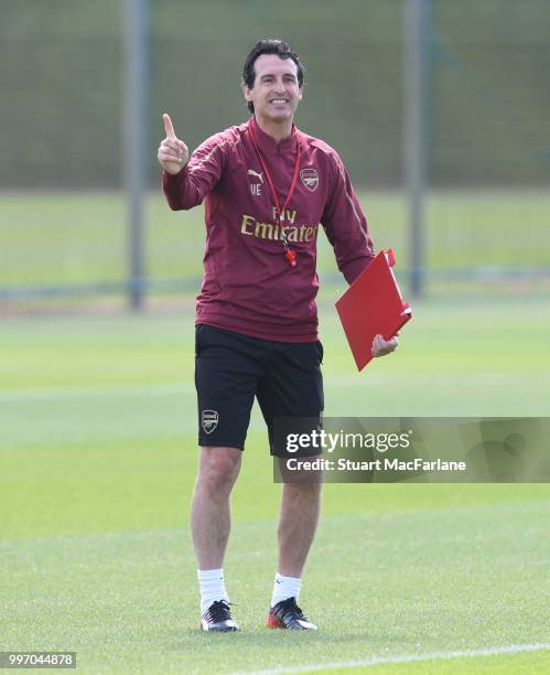 Arsenal Head Coach Unai Emery during a training session at London Colney on July 12, 2018 in St Albans, England.