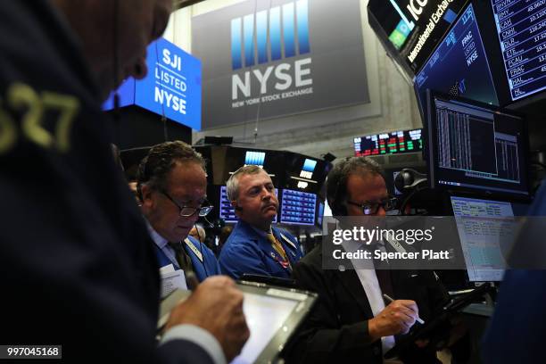 Traders work on the floor of the New York Stock Exchange on July 12, 2018 in New York City. As fears of a trade war eased with China, the Dow Jones...