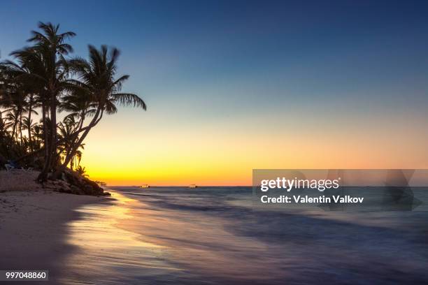 landscape of paradise tropical island beach, sunset shot - paradise beach stock pictures, royalty-free photos & images