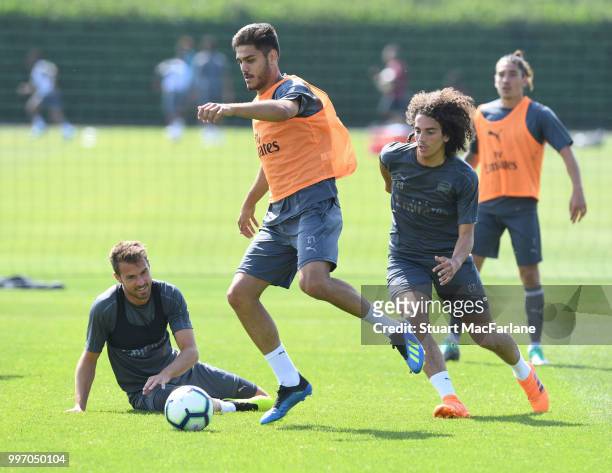 Konstantinos Mavropanos and Matteo Guendouzi of Arsenal during a training session at London Colney on July 12, 2018 in St Albans, England.