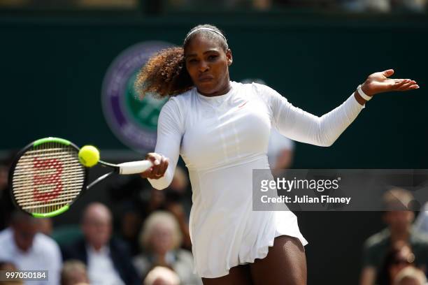 Serena Williams of The United States returns against Julia Goerges of Germany during their Ladies' Singles semi-final match on day ten of the...