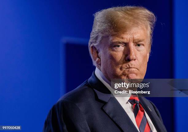 President Donald Trump pauses during a news conference at the North Atlantic Treaty Organization summit in Brussels, Belgium, on Thursday, July 12,...