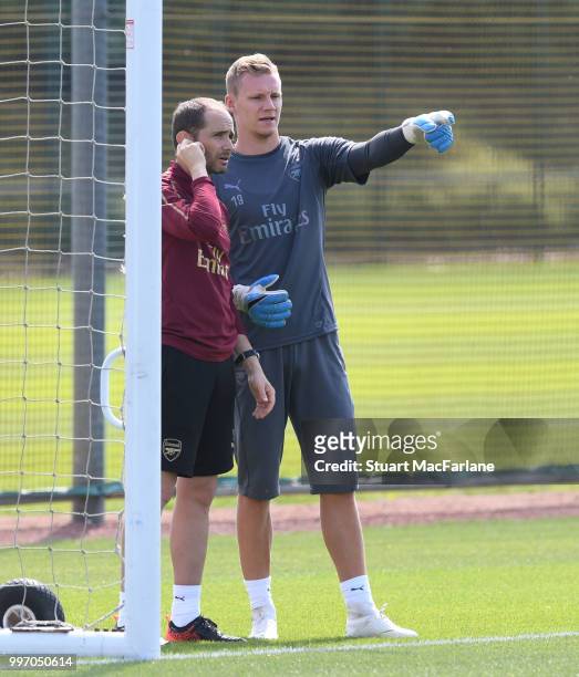 Arsenal goalkeeping coach Javi Garcia and Bernt Leno during a training session at London Colney on July 12, 2018 in St Albans, England.