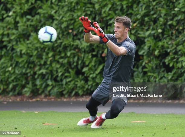 Matt Macey of Arsenal during a training session at London Colney on July 12, 2018 in St Albans, England.