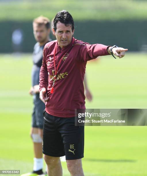 Arsenal Head Coach Unai Emery during a training session at London Colney on July 12, 2018 in St Albans, England.