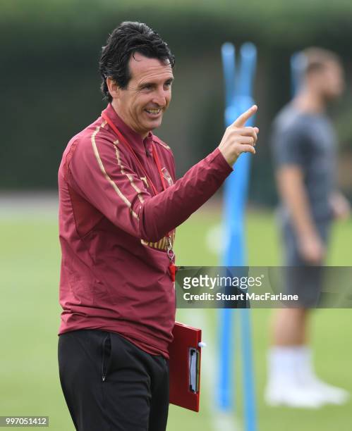 Arsenal Head Coach Unai Emery during a training session at London Colney on July 12, 2018 in St Albans, England.