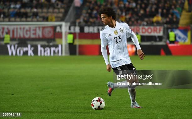Germany's Leroy Sane in action during the World Cup Group C soccer qualifier match between Germany and Azerbaijan at the Fritz Walter Stadium in...