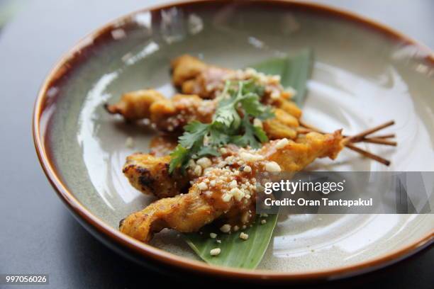 chicken satay, sate ayam and lontong with peanut sauce - chicken satay stock pictures, royalty-free photos & images