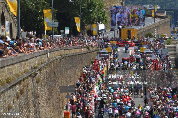 Start / Greg Van Avermaet of Belgium and BMC Racing Team Yellow Leader Jersey / Brest City / Peloton / Fans / Public / Landscape / during 105th Tour...