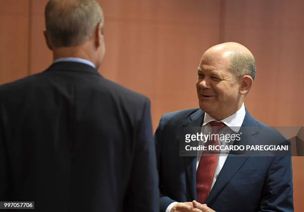 Olaf Scholz, German Finance Minister attends the Eurogroup meeting of the EU Eurozone Finance Ministers at the European Council, on July 12, 2018 at...