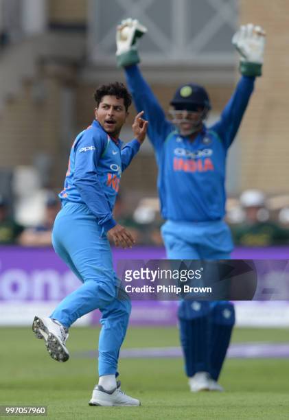 Kuldeep Yadav of India appeals after dismissing Jos Buttler of England during the 1st Royal London One-Day International between England and India on...