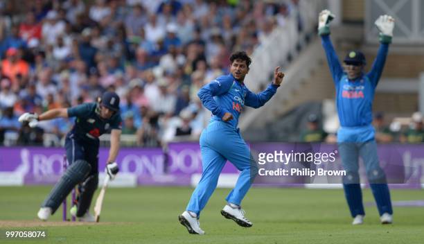 Kuldeep Yadav of India appeals after dismissing Jos Buttler of England during the 1st Royal London One-Day International between England and India on...