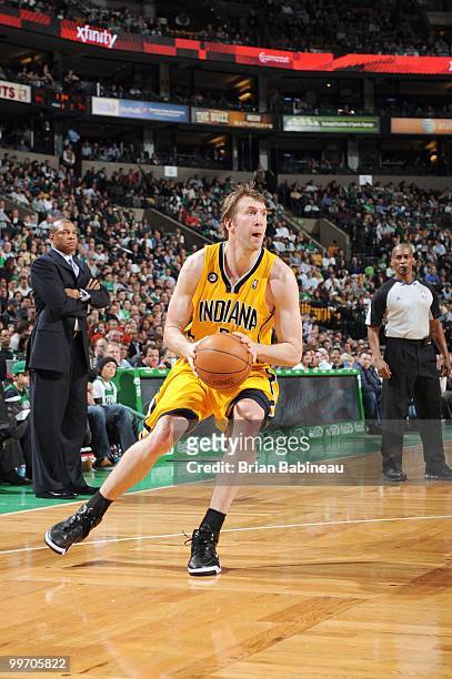 Troy Murphy of the Indiana Pacers looks to move the ball against the Boston Celtics on March 12, 2010 at the TD Garden in Boston, Massachusetts. NOTE...
