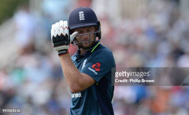 Jos Buttler of England leaves the field during the 1st Royal London One-Day International between England and India on July 12, 2018 in Nottingham,...