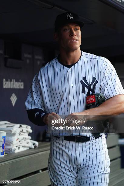 Closeup of New York Yankees Aaron Judge in dugout before game vs Boston Red Sox at Yankee Stadium. Bronx, NY 7/1/2018 CREDIT: Erick W. Rasco