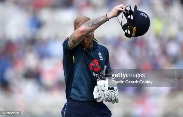 Ben Stokes of England leaves the field after being dismissed by Yuzvendra Chahal of India during the Royal London One-Day match between England and...