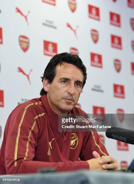 Arsenal Head Coach Unia Emery attends a press conference at London Colney on July 12, 2018 in St Albans, England.