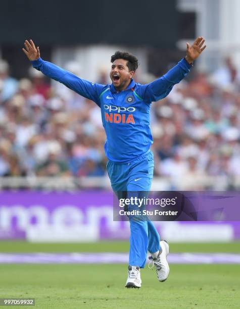 India bowler Kuldeep Yadav celebrates after dismissing Ben Stokes during the 1st Royal London One Day International match between England and India...