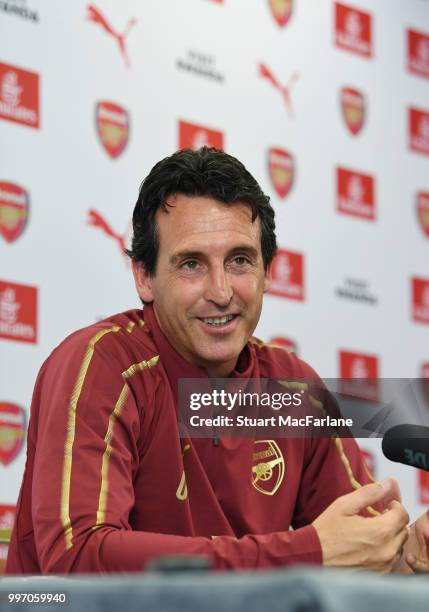 Arsenal Head Coach Unia Emery attends a press conference at London Colney on July 12, 2018 in St Albans, England.