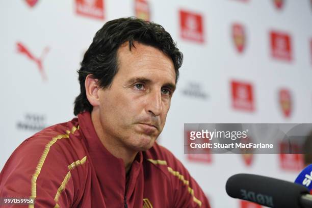 Arsenal Head Coach Unia Emery attends a press conference at London Colney on July 12, 2018 in St Albans, England.