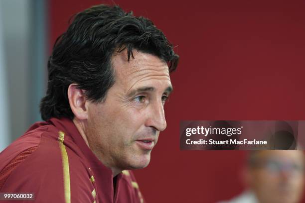 Arsenal Head Coach Unia Emery attends a press conference at London Colney on July 12, 2018 in St Albans, England.