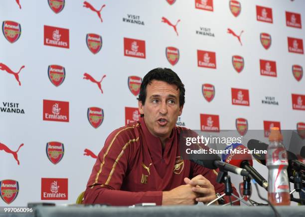 Arsenal Head Coach Unia Emery attends a press conference at London Colney on July 12, 2018 in St Albans, England.