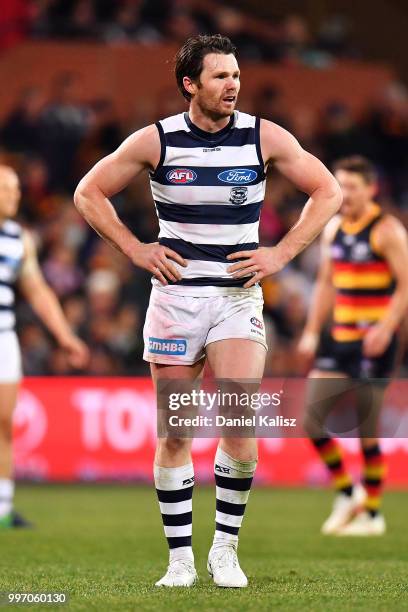 Patrick Dangerfield of the Cats looks on during the round 17 AFL match between the Adelaide Crows and the Geelong Cats at Adelaide Oval on July 12,...