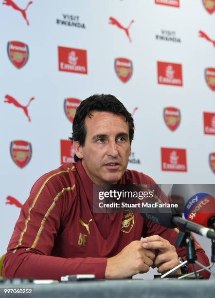 Arsenal Head Coach Unia Emery attends a press conference at London Colney on July 12, 2018 in St Albans, England.