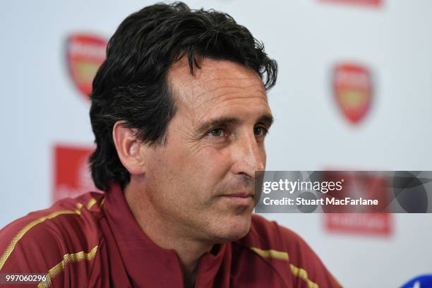 Arsenal Head Coach Unia Emery attends a press conference at London Colney on July 12, 2018 in St Albans, England.