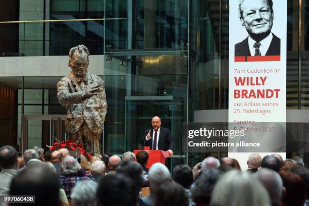 Wolfgang Thierse speaks during an memorial event in honour of former Germany chancellor Willy Brandt's 25th death anniversary at the Willy Brandt...