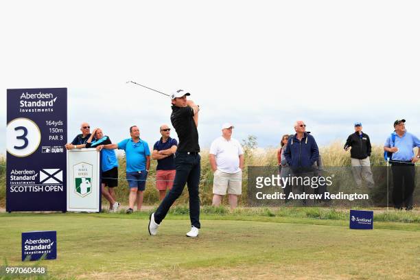 Joakim Lagergren of Sweden takes his tee shot on hole three during day one of the Aberdeen Standard Investments Scottish Open at Gullane Golf Course...