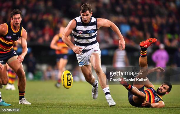 Tom Hawkins of the Cats competes for the ball during the round 17 AFL match between the Adelaide Crows and the Geelong Cats at Adelaide Oval on July...