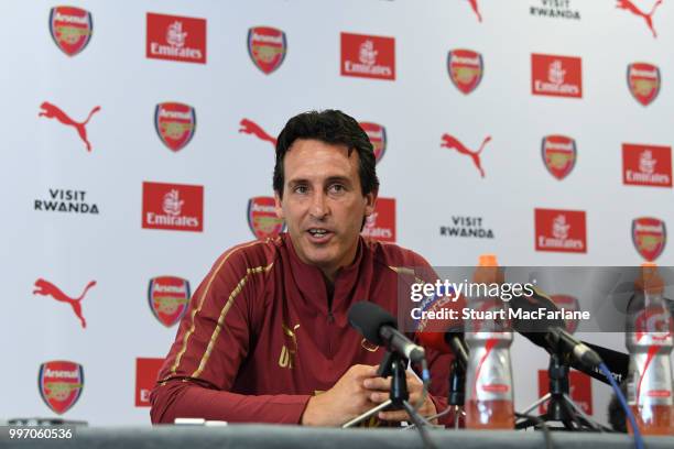 Arsenal Head Coach Unia Emery attends a press conference at London Colney on July 12, 2018 in St Albans, England.