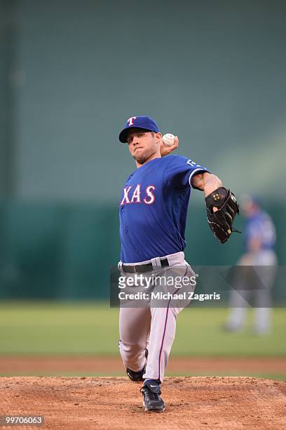 Rich Harden of the Texas Rangers pitching during the game against the Oakland Athletics at the Oakland Coliseum on May 3, 2010 in Oakland,...