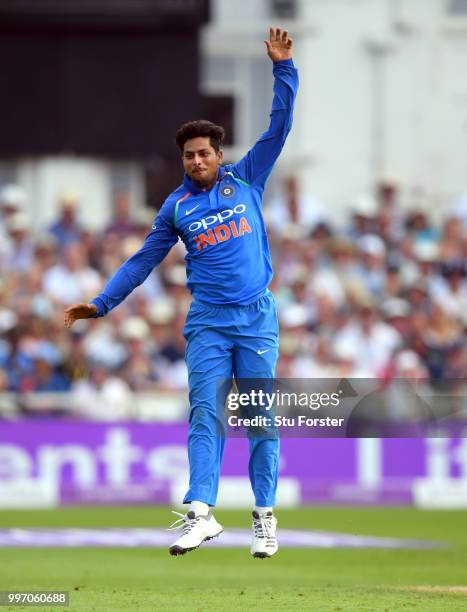 India bowler Kuldeep Yadav celebrates after dismissing Ben Stokes during the 1st Royal London One Day International match between England and India...