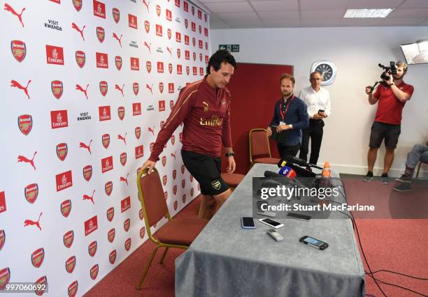 Arsenal Head Coach Unia Emery attends a press conference at London Colney on July 12, 2018 in St Albans, England.