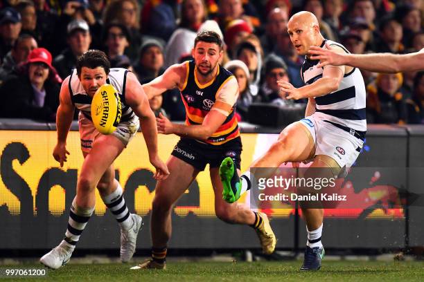 Gary Ablett of the Cats kicks the ball during the round 17 AFL match between the Adelaide Crows and the Geelong Cats at Adelaide Oval on July 12,...