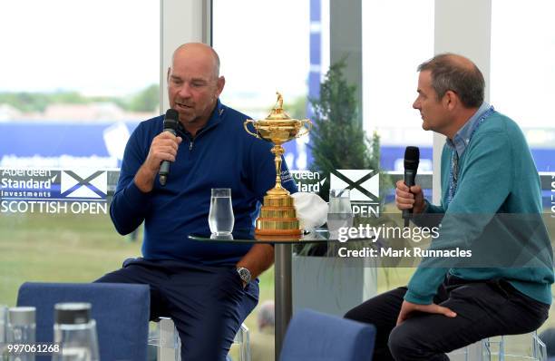 Ryder Cup Captain Thomas Bjorn of Denmark , with the Ryder Cup during a player meet and greet on the first day of the Aberdeen Standard Investments...