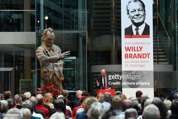 Dpatop - SPD chairman Martin Schulz speaks during a memorial honour event marking the 25th death anniversary of former Germany chancellor Willy...